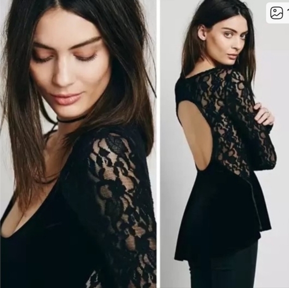 Free People Tops - Free People Lolita Black Velvet Lace Peplum Top